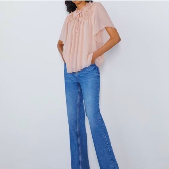 ZARA ruffle blouse large blush short sleeved top Sz Small blushpink - Picture 4 of 14